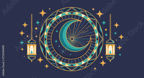 Stylized Islamic illustration of a crescent moon in a geometric frame with hanging lanterns and stars.