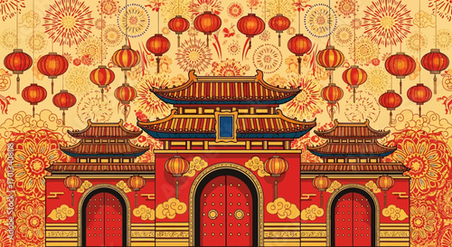 Traditional Chinese Temple Gate with Hanging Lanterns and Fireworks