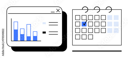 Bar chart analytics and date tracking on calendar with task or event checkbox marked. Ideal for planning, project management, data visualization, scheduling, time tracking, productivity, goal