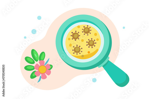 Magnifying glass examining virus and flower illustration