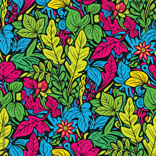 Vivid botanical pattern featuring lush leaves and vibrant floral elements illustration, seamless pattern, Stock royalty.