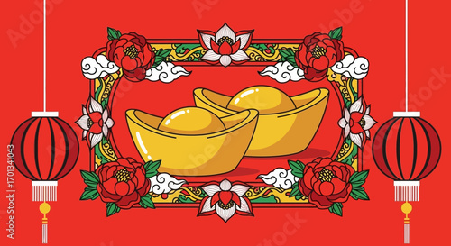 Two Golden Sycee Ingots in Ornate Floral Frame with Auspicious Clouds and Red Chinese Lanterns