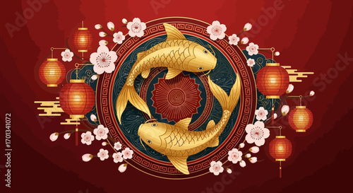 Two Golden Koi Fish Swimming in a Decorative Circle Design