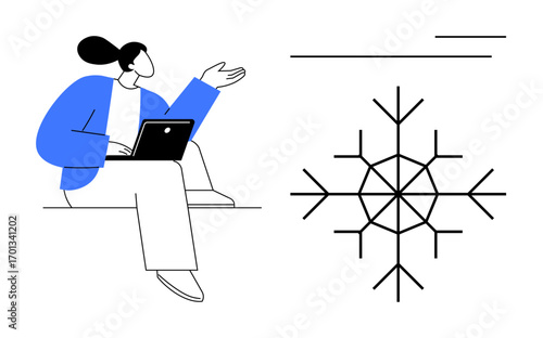 Woman holding a laptop gesturing towards geometric snowflake, symbolizing creativity, communication, or uniqueness. Ideal for collaboration, brainstorming, innovation, remote work, winter ideas