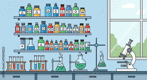 Vibrant laboratory setup with diverse chemical bottles, bubbling flasks, test tubes, and a detailed white microscope.