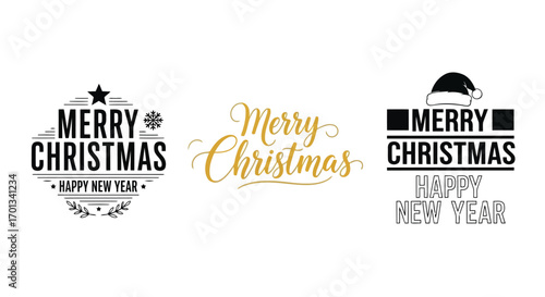 Vector illustration of collection of merry christmas and happy new year typographic designs with festive elements