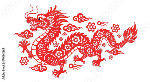 Vibrant red Chinese dragon illustration with intricate floral patterns and swirling clouds, traditional paper-cut style.