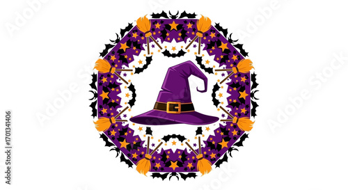Whimsical Purple Witch Hat Adorned with Halloween Themed Circular Border