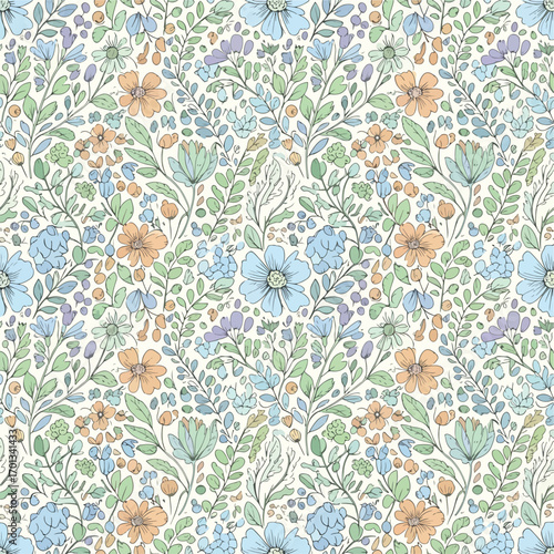 Whimsical floral pattern with delicate pastel blooms and lush green foliage on a cream background, seamless pattern, royalty free stock.