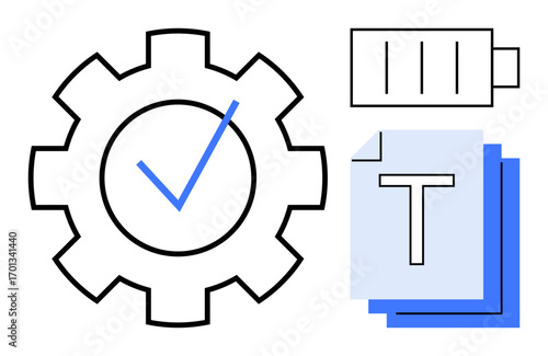 Gear with checkmark for efficient operation, battery icon for energy, and text document stack for information. Ideal for development, optimization, energy, technology, organization, productivity