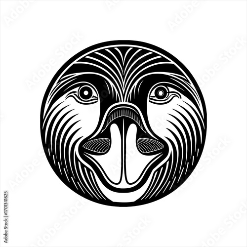 Stylized sloth head in a circle, vector illustration