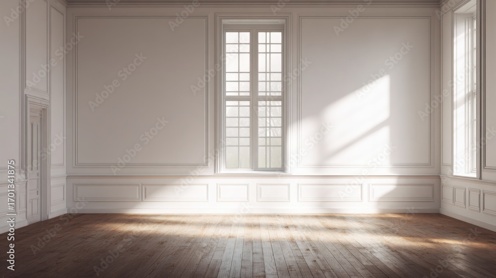 Obraz premium living. Minimalist living space with wooden floors and white walls, bathed in soft natural light for a tranquil ambiance. lifestyle magazines.
