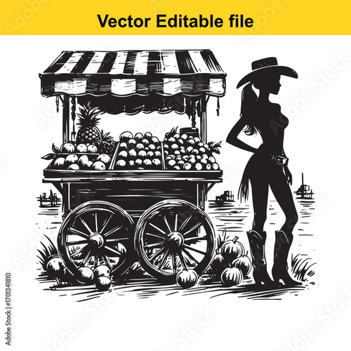 Silhouette of a cowgirl standing next to a fruit cart at a market