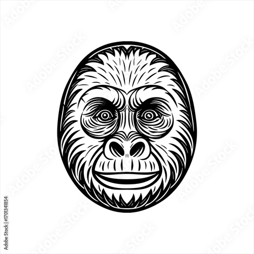 Illustration of a smiling gorilla head in black and white