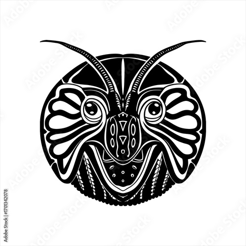 Ornate ant head design, black and white illustration
