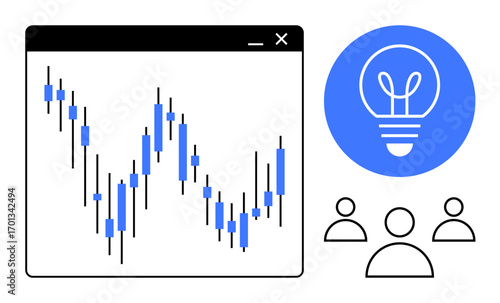 Stock market candlestick chart in a browser window, lightbulb icon, group of three people. Ideal for finance, analysis, teamwork, innovation, business, collaboration simple landing page