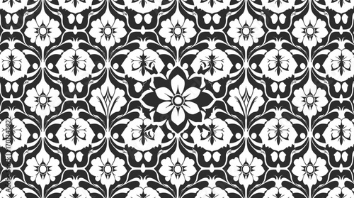 Ornate black and white floral pattern design, repeating motif.
