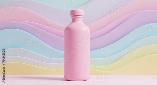 Pastel Pink Bottle Against Abstract Wavy Background with Soft Co