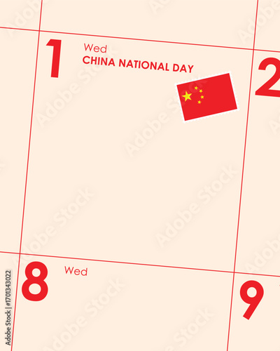 1 October China National Day calendar template design with cream background and Chinese flag stamp, for festive posts, announcements, planer and social media background. 