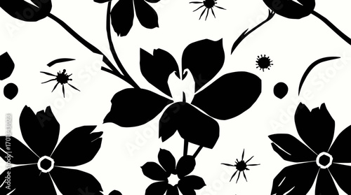 Black floral pattern on white background featuring stylized flowers and stems in a repeating design.
