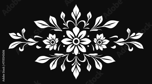White floral design with symmetrical arrangement of flowers, leaves, and decorative elements on a black background.