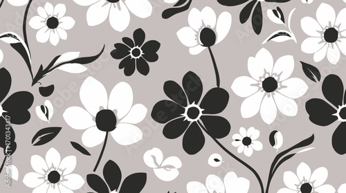 A repeating floral pattern featuring stylized black and white flowers and leaves on a grey background.