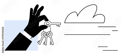 Black hand holding keyring with multiple keys near cloud graphic, representing access, ownership, and security. Ideal for digital solutions, cloud computing, technology, security, data access