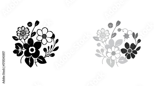 Two circular floral designs, one in black and white, the other in grayscale, showcasing detailed flower arrangements.