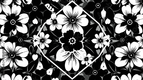 Monochrome floral pattern, intricate black and white flower design, symmetrical kaleidoscopic arrangement.
