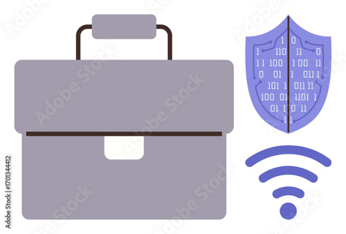 Briefcase symbolizing business, binary-patterned shield for cybersecurity, and wireless signal signifying connectivity. Ideal for business, technology, digital security, remote work, privacy, online