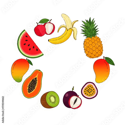Colorful fruit arrangement in a circular pattern, showcasing various tropical fruits like watermelon, mango, and pineapple.