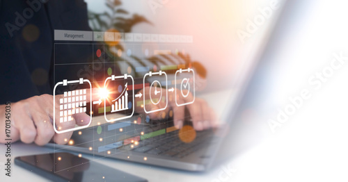 Project management concept. Project manager working and updating important tasks and planning progress of work. Businessman drawing schedule, scheduling, making timeline, virtual diagram.