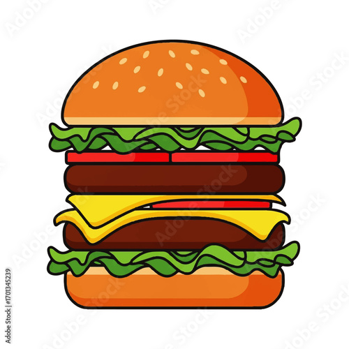 Cartoon illustration of a double cheeseburger with lettuce, tomatoes, cheese, and sesame seed bun on a white background.