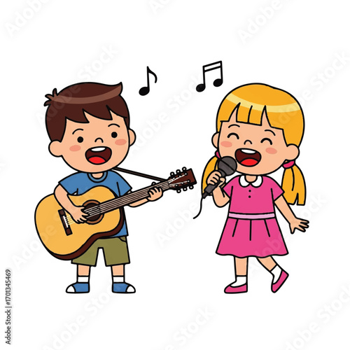 Two children, a boy and a girl, are joyfully singing and playing musical instruments.
