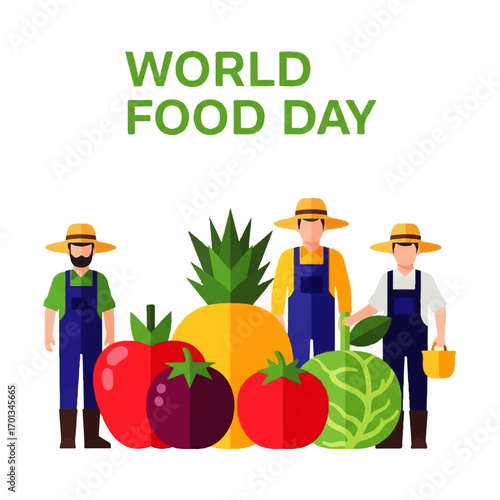 Illustration celebrating World Food Day, featuring farmers with various fruits and vegetables.