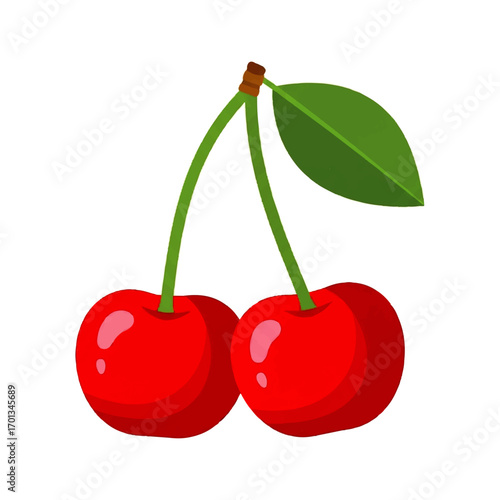 Two bright red cherries connected by green stems with a single leaf, isolated on white.