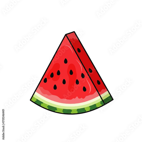 A single slice of juicy watermelon, showing red flesh and black seeds, isolated on white