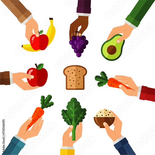 Hands holding diverse healthy foods, representing a balanced diet and nutrition