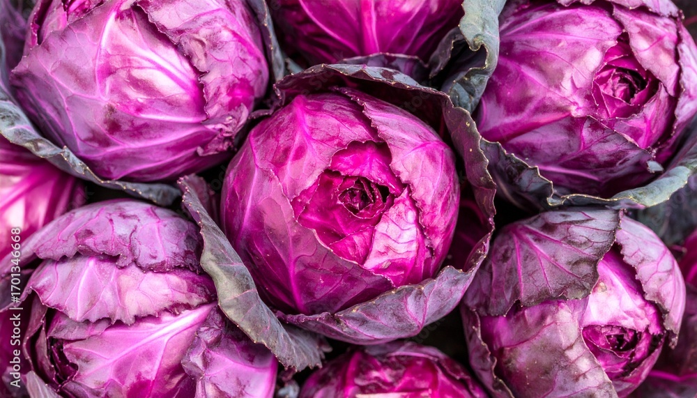 Obraz premium Close-up of vibrant, freshly harvested red cabbages, showcasing their rich purple hues and natural texture, ideal for healthy eating and culinary themes.