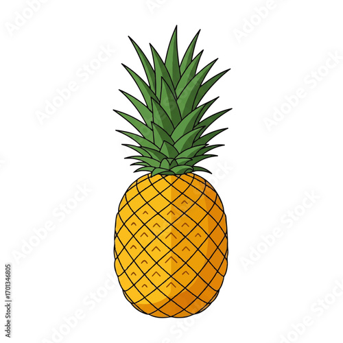 A vibrant illustration of a ripe pineapple, showcasing its spiky crown and textured skin