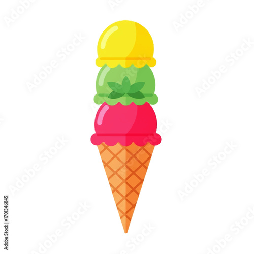 Colorful ice cream cone with three scoops: yellow, green, and pink, on a white background