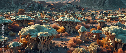 A surreal background inspired by nature, featuring strange organic formations that appear to emerge and grow on their own. The design combines abstract textures, dreamlike patterns.