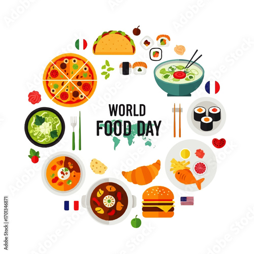 Colorful illustration of various global cuisines, celebrating World Food Day