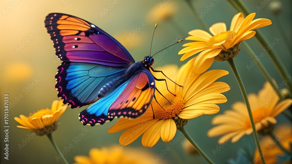 Fototapeta premium multi colored butterfly on yellow flower close up