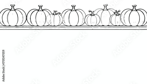 Pumpkins lined up in row symbolizing autumn harvest, seasonal decoration, fall festival and Halloween vibes