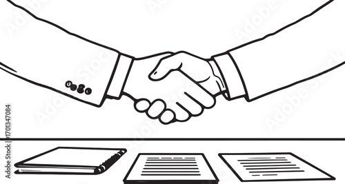 Business handshake with documents on desk symbolizing agreement, contract, deal and professional trust