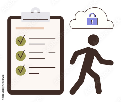 Individual walking away, clipboard with tasks marked complete, and cloud with padlock. Ideal for security, compliance, data protection, privacy, task management, cybersecurity simple flat metaphor