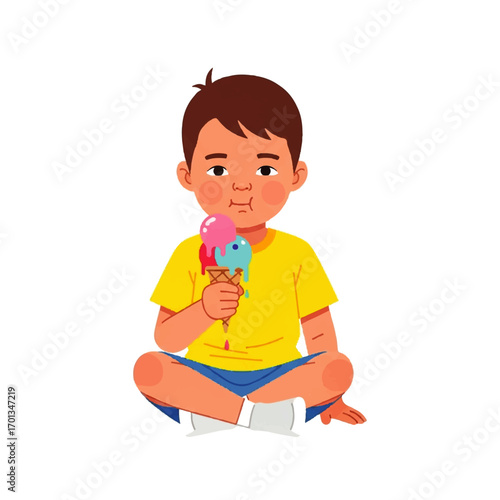 A young boy happily enjoys a melting ice cream cone while sitting cross-legged