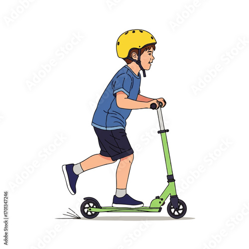 A young boy wearing a yellow helmet rides a green scooter on a white background