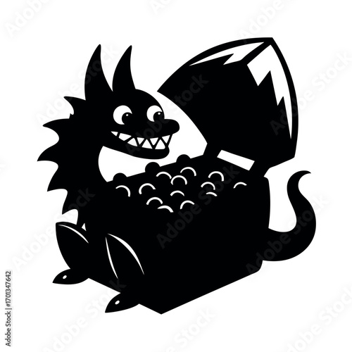 Cute cartoon dragon cave filled with treasure in fantasy style Vector illustration